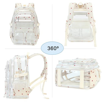 Hidds Clear Backpack for Girls Women Transparent Heavy Duty Bookbag Kids See Through Bag College Backpacks School (Beige Strawberry) - color: Beige Strawberry