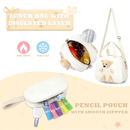 ACESAK School Backpack for Girls - 3 PCS Cute Girls Backpack with Lunch Box & Pencil Case - Kawaii Casual Kids Bookbag School Bag Daypacks Set for Elementary Middle High School Student Teens (Beige) - color: Beige