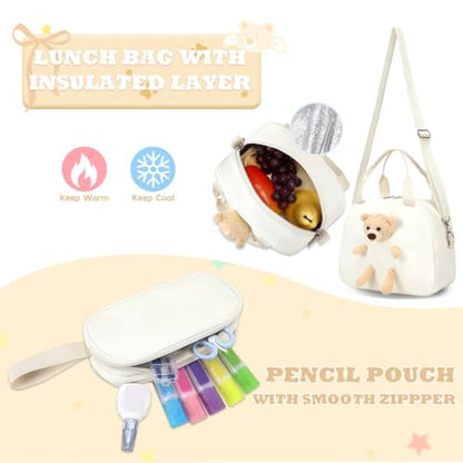 ACESAK School Backpack for Girls - 3 PCS Cute Girls Backpack with Lunch Box & Pencil Case - Kawaii Casual Kids Bookbag School Bag Daypacks Set for Elementary Middle High School Student Teens (Beige) - color: Beige
