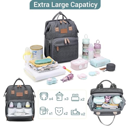 JOLLITO Diaper Bag Backpack with Changing Station Large Capacity Multifunction Baby Bags for Boy Girl Travel For Moms Dads Baby Registry Search Essentials Shower Gifτs Gray - color: Grey