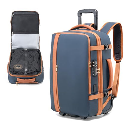 Fanwoli Rolling Vacuum Backpack Travel with One-Button Compression, Expandable Carry-On Suitcase Luggage, Approved TSA Lock & Water-Proof Laptop Compartment for Outdoor/Family/Business Trips - color: Blue