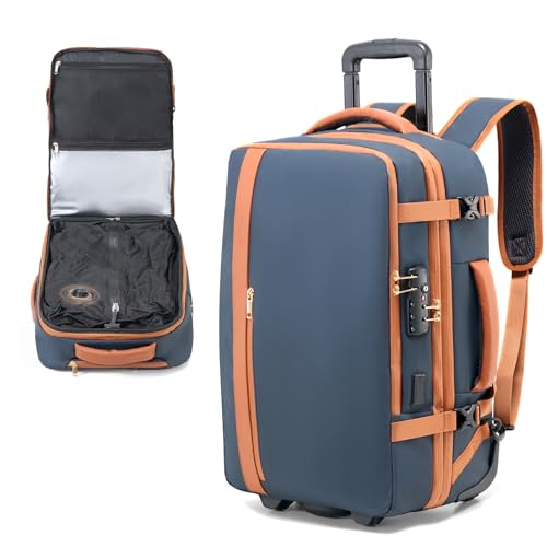 Fanwoli Rolling Vacuum Backpack Travel with One-Button Compression, Expandable Carry-On Suitcase Luggage, Approved TSA Lock & Water-Proof Laptop Compartment for Outdoor/Family/Business Trips - color: Blue