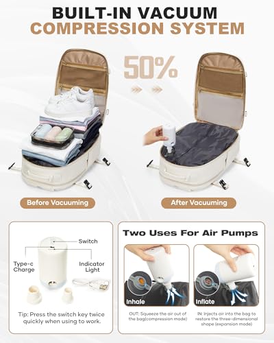 coofay Vacuum Backpack Travel with Pump Vacpack Backpack with Vacuum Seal Backpacks Traveling Backpacks Vacuum Compression Air Travel Bag Carry on Luggage - color: E-beige