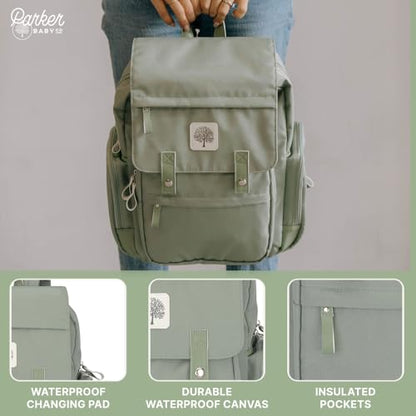 Parker Baby Diaper Backpack - Large Diaper Bag with Insulated Pockets, Stroller Straps and Changing Pad -"Birch Bag" - Sage Green - color: Sage Green