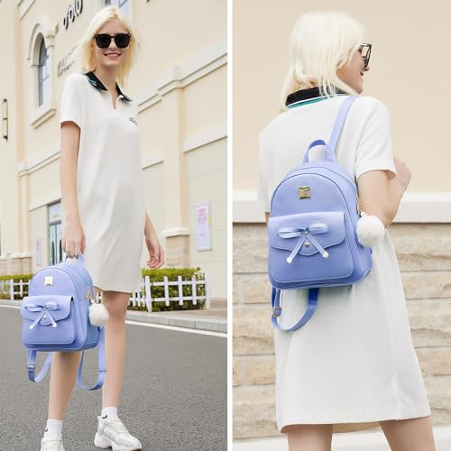 ZGWJ Mini Backpack Purse for Women - 3-Piece Set, Small PU Leather Bowknot Fashion Backpacks, Cute Casual Travel Daypacks - color: Blue-3pcs
