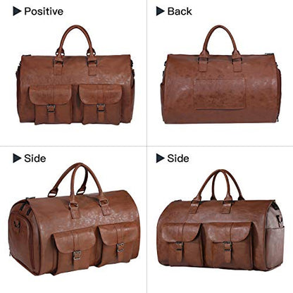 seyfocnia Convertible Travel Garment Bag,Carry on Garment Duffel Bag for Men Women - 2 in 1 Hanging Suitcase Suit Business Travel Bag - color: Brown-2pockets-Leather