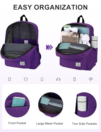 VASCHY Lightweight Backpack for School, Classic Basic Water Resistant Casual Daypack for Travel with Bottle Side Pockets (Purple) - color: Purple