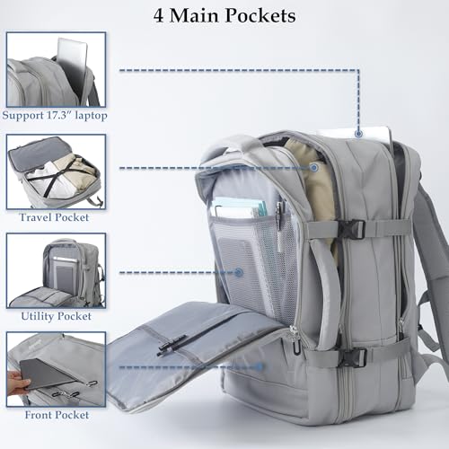 Travel Backpack, Expandable Large Capacity Business Work, Water Repellent Carry On Daypack with USB Charging Port, Fit 17 Inch Laptop, Bag for Men and Women, Grey - color: Grey