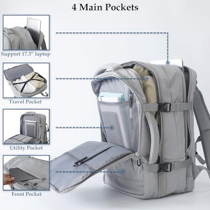 Travel Backpack, Expandable Large Capacity Business Work, Water Repellent Carry On Daypack with USB Charging Port, Fit 17 Inch Laptop, Bag for Men and Women, Grey - color: Grey
