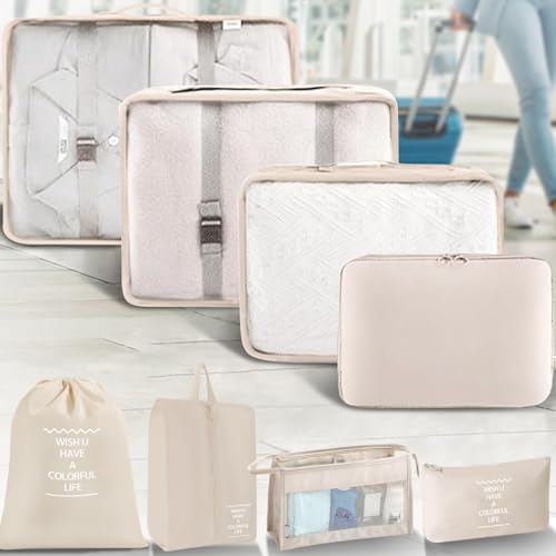 Packing Cubes 8 Set Travel Essentials for Carry on Luggage Organizers Bag Packing Cubes for Suitcases Travel Accessories (Beige) - color: Beige