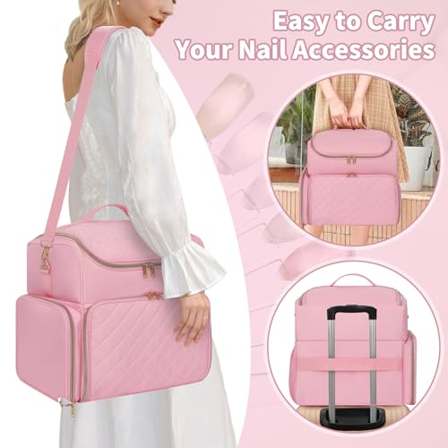 CUBETASTIC Extra Large Nail Polish Organizer Case Holds 86 to 100+ Bottles & Nail Lamp, Nail Supplies Storage Bag with 2 Removable Pouches, Nail Art Travel Box - color: Light Pink