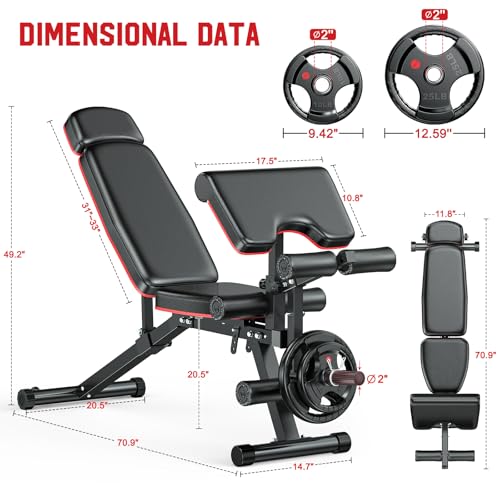 XDDIAS Workout Bench, Adjustable Weight Bench with Leg Extension and Leg Curl, Extended Headrest, 900LBS Preacher Curl Bench Incline Decline Flat Workout Bench for Home Gym Full Body Exercise - color: Glossy+70LBS Plates