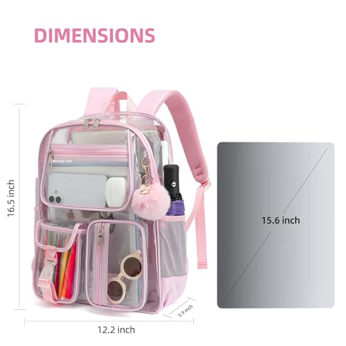 Clear Backpacks for Girls Women, Heavy Duty PVC Transparent School Bookbag See Through Back Pack for College Work Travel (Light Pink) - color: Light Pink