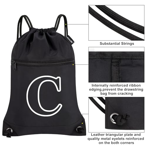 HOLYLUCK Drawstring Bags Initial Backpack Sackpack Cinch Bags for Sports, Gym, Travel, Beach(Black-C) - color: Black-c