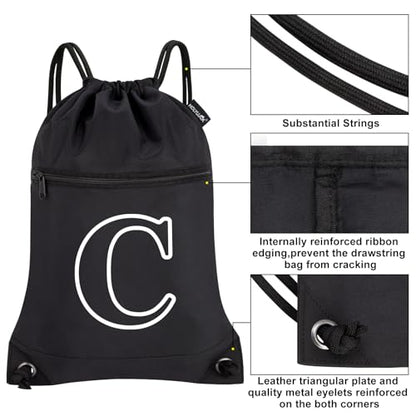 HOLYLUCK Drawstring Bags Initial Backpack Sackpack Cinch Bags for Sports, Gym, Travel, Beach(Black-C) - color: Black-c