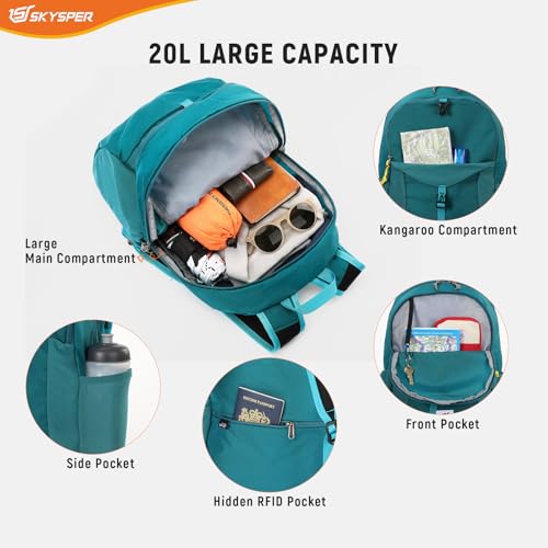 SKYSPER Small Hiking Backpack for Men Women 20L RFID Packable Daypack Ultralight Foldable Back Pack Lightweight Collapsible Travel Day Pack - color: Cyan