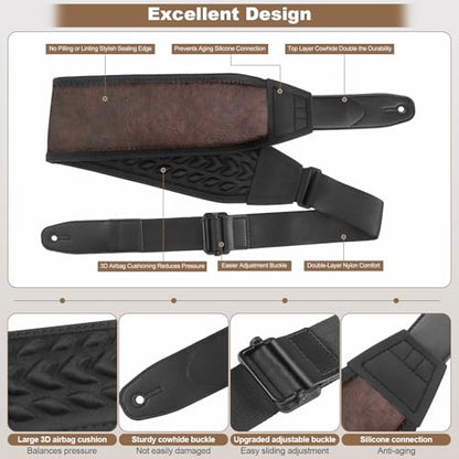 Guitar Straps for Electric Guitar Bass, Smooth Guitar Strap, 3" Wide Padded Straps with 3D Sponge Filling, Comes with 4 Picks + 2 Strap Locks + 1 Headstock Tie + 1 Tie Rope, Brown - color: Smooth Brown