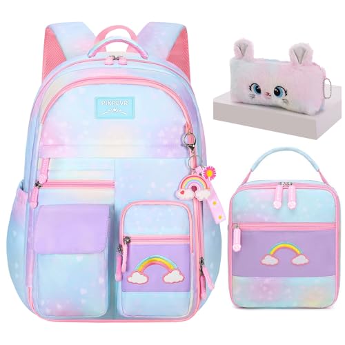 Jcobvig 3Pcs Kids Backpack For Girls,Cute Rainbow Student School Backpack With Lunch Bag Pen Bag Set (Blue Large 17.5in - color: Blue, size: Large