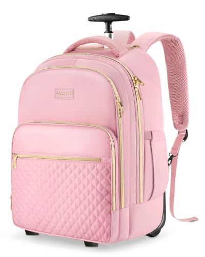 Arcoyard Rolling Backpack for Women, 17.3 Inch Travel Backpack with Wheels - color: Pink Gold, size: 17.3-inch