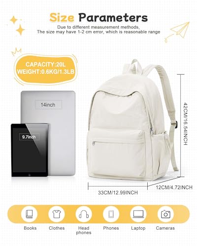 BJLFS White Backpack for School Women Girls, Waterproof Bookbag Cute High School Back pack for Men Teen Boys, Lightweight Travel College Backpack Mochilas Escolares para Casual Daypack Rucksack - color: White