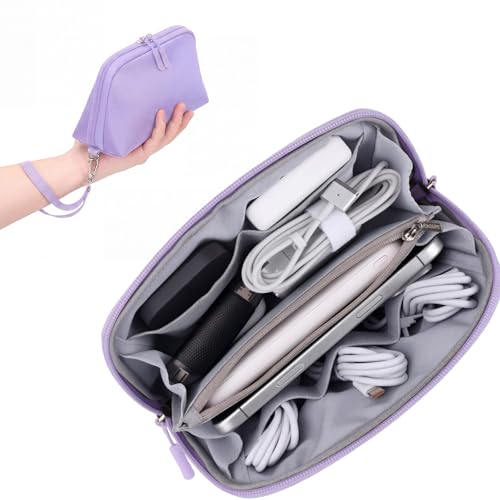 FYY Travel Cable Organizer - 8 Compartments Lightweight Water Resistant Tech Pouch with Wrist Strap, Portable Electronic Accessories Case for Cord Charger Storage for Travel Home Office Purple (Small) - color: Purple, style: S