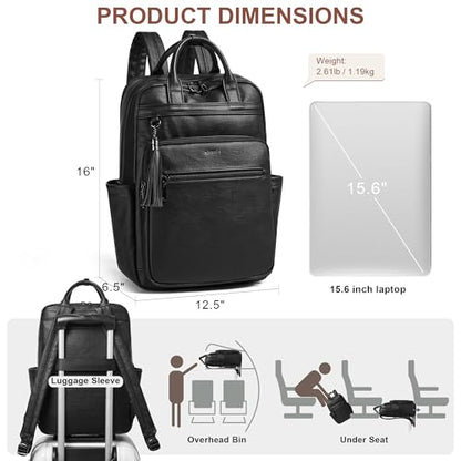 Shrrie Laptop Backpack for Women 15.6 inch Travel Leather Backpack Purse Work Computer Backpacks for Business College Black - color: Black