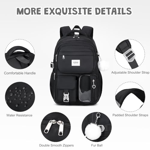 ACESAK Backpack for Girls - Girls Backpack with Lunch Bag & Pencil Pouch for Teen Kids Laptop Backpack for Women, Elementary Middle High School Bookbag Travel Daypack (Black) - color: Black