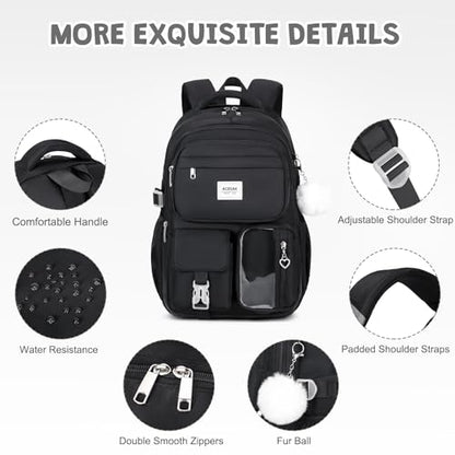 ACESAK Backpack for Girls - Girls Backpack with Lunch Bag & Pencil Pouch for Teen Kids Laptop Backpack for Women, Elementary Middle High School Bookbag Travel Daypack (Black) - color: Black