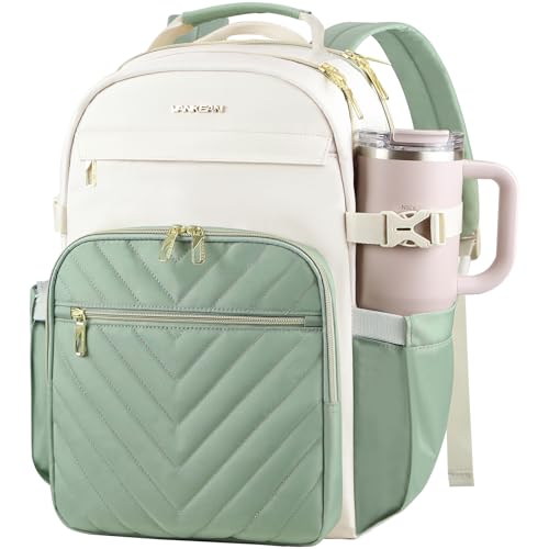 VANKEAN Laptop Backpack for Women with Giant Tumbler Holder Pocket,17.3 inch School College Book Bag Nurse Teacher Backpack,Waterproof Work Travel Backpack Purse Laptop Computer Bag, Beige-Light Green - color: Beige Light Green, size: 17.3 Inch