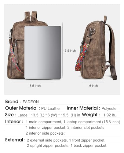FADEON Leather Laptop Backpack for Women Designer 15.6 inch PU Laptop Bag, Ladies Travel Computer Work Backpack Grey - color: Coffee Brown