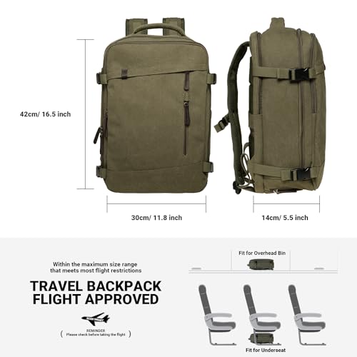 KAUKKO Thick Canvas Travel Backpack, Flight Approved Carry On Backpack with Shoe Pouch and 15.6 inch Laptop Compartment, 40L Luggage Casual Daypack Weekender Bag 10-ARMYGREEN - color: 10-armygreen