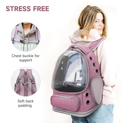 Cawypety Cat Backpack Carrier, Breathable Cat Carrier Large Space Bubble Pet Backpack for Kitty Small Dog up to 12lbs, Transparent & Foldable Pet Carrier for Travel Hiking（Pink） - color: Pink