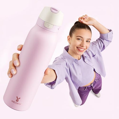 Meoky 24 oz Stainless Steel Slim Water Bottle: Leak Proof Locking Lid, 2-in-1 Straw and Spout, 24 Hours Cold, Top Handle, Fits in Car Cup Holder, Insulated Water Bottle for Backpack, Blush - color: Blush