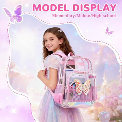 MUSEVOS Clear Backpack for School, Clear Bookbag for Girls PVC Heavy Duty Transparent Backpack,Pink Butterfly - color: Pink
