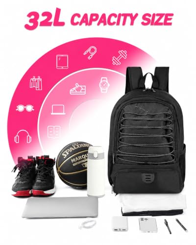Basketball Bag Backpack for Men Women with Ball & Shoes Compartment 30L Capacity Lightweight Breathable Boys Girls Soccer Ball Bag Backpack Fit Volleyball Football Sports Travel School Gym - color: TK13Black