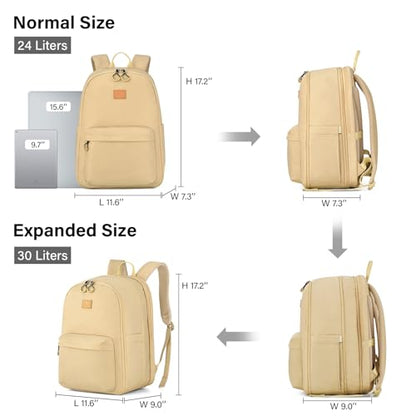 Hanke Expandable Laptop Backpack for Women and Men, 24L-30L Travel Backpack, 15.6 Inch College Laptop Bookbag for Work, Water Resistant Carry On Personal Item Bag, Khaki - color: Khaki