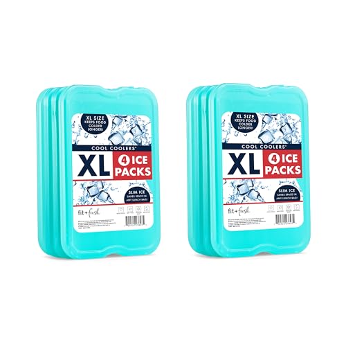 Cool Coolers by Fit & Fresh 4 Pack XL Slim Ice Packs, Quick Freeze Space Saving Reusable Ice Packs for Lunch Boxes or Coolers - color: Green 8 PK