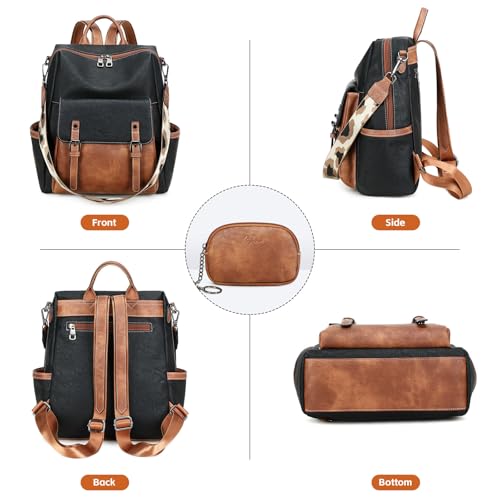 AGLOD Backpack Purse for Women PU Leather Back Packs Designer Ladies Shoulder Bag Fashion Faux Work Travel Handbags - color: Black-brown