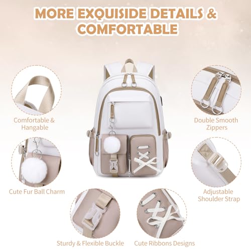 ACESAK Backpacks for Girls, Girls Backpack with Lunch Box and Pencil Case for Teen Kids Elementary Middle High School College Student, Children Backpack Bookbag with USB Charging Port (Khaki) - color: Off-white With Khaki Accent