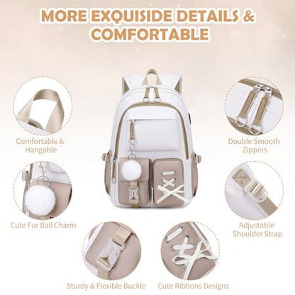 ACESAK Backpacks for Girls, Girls Backpack with Lunch Box and Pencil Case for Teen Kids Elementary Middle High School College Student, Children Backpack Bookbag with USB Charging Port (Khaki) - color: Off-white With Khaki Accent