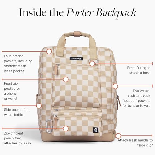 Cleverpup Porter 2-in-1 Dog Gear Backpack – Premium Dog Travel Bag with 10 Pockets, Zip-Off Treat Pouch, Leash Clip, Waterproof Pockets & Water Bottle Holder – Weekend, Hiking, Camping, Checkerboard - color: Tan Checkerboard