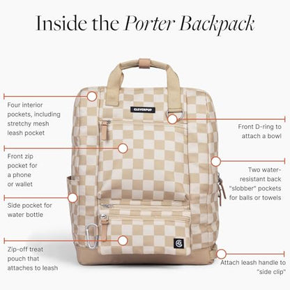 Cleverpup Porter 2-in-1 Dog Gear Backpack – Premium Dog Travel Bag with 10 Pockets, Zip-Off Treat Pouch, Leash Clip, Waterproof Pockets & Water Bottle Holder – Weekend, Hiking, Camping, Checkerboard - color: Tan Checkerboard
