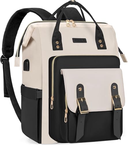 ANILD Travel Laptop Backpack for Women Bag, 15.6 Inch Work Backpack with USB Charging and Port Luggage Strap, Airline Approved Business Work Bag for Nurse College Teacher - color: Beige-black