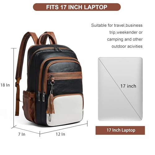 Shrrie 17 Inch Faux Leather Laptop Backpack for Women with Large Cup Holder - color: Black and Beige With Caramel Brown