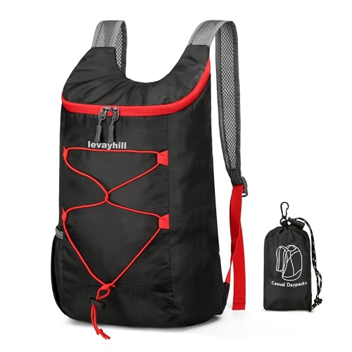levayhill 16L Foldable Hiking Backpack,Small Packable Daypack,Black+Red | Lightweight ,Outdoor Collapsible Rucksack,Ultralight Folding Back Pack, Water Repellent, Men Women Travel Gym, Easy Carry-on - color: Black+red
