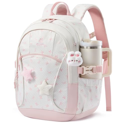 LOVEVOOK School Backpack for Teen Girls & Kids, Lightweight Large Capacity Waterproof Bookbag with 15.6" Laptop Compartment, Cute Ergonomic Bag for Elementary Middle School Students - color: White Bow Print, size: 15.6 inch