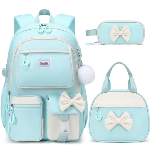 Bevalsa Backpack for Girls, Cute Bow School Bags for Kids with Lunch Bag & Pen Case, Bookbag for Girls Children Teens Elementary Middle Student, Back to School Gift with USB Charging Port - color: Green