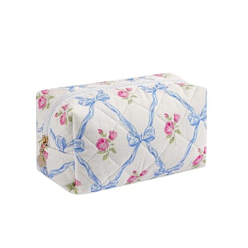 Cute Floral Makeup Bag Small Cotton Quilted Cosmetic Bag, Aesthetic Essential Bag Emergency Bag Gift for Women Girls Travel Accessories (Blue Bowknot Rose) - color: A7 Blue Bowknot Rose