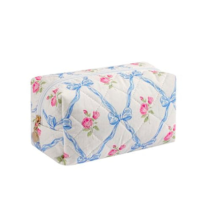 Cute Floral Makeup Bag Small Cotton Quilted Cosmetic Bag, Aesthetic Essential Bag Emergency Bag Gift for Women Girls Travel Accessories (Blue Bowknot Rose) - color: A7 Blue Bowknot Rose
