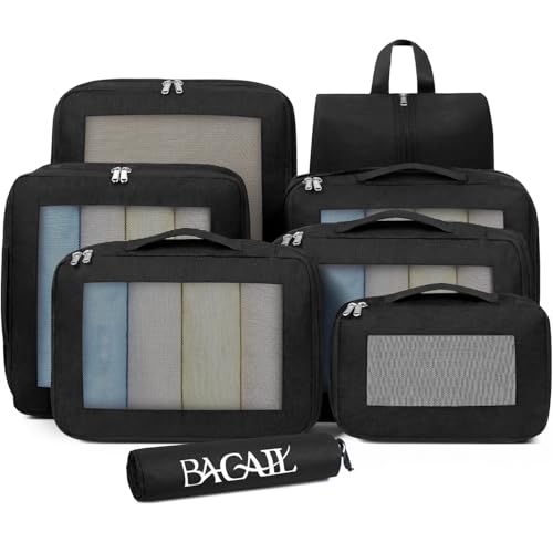 BAGAIL 8 Set Compression Packing Cubes, Durable & Wear-resistant Expandable Luggage Organizer Bags for Travel Accessories (Black) - color: Black